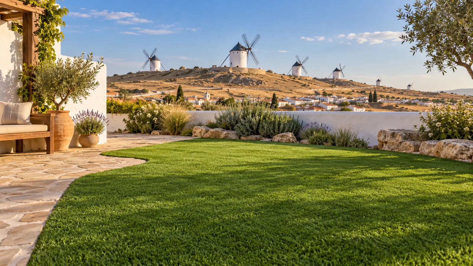 Escena de inspiración: jardín de césped artificial con los molinos de Campo de Criptana al fondo.
