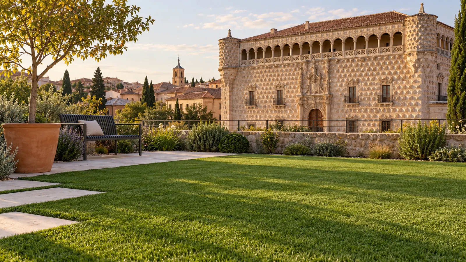 Escena de inspiración: jardín de césped artificial con el Palacio del Infantado al fondo.