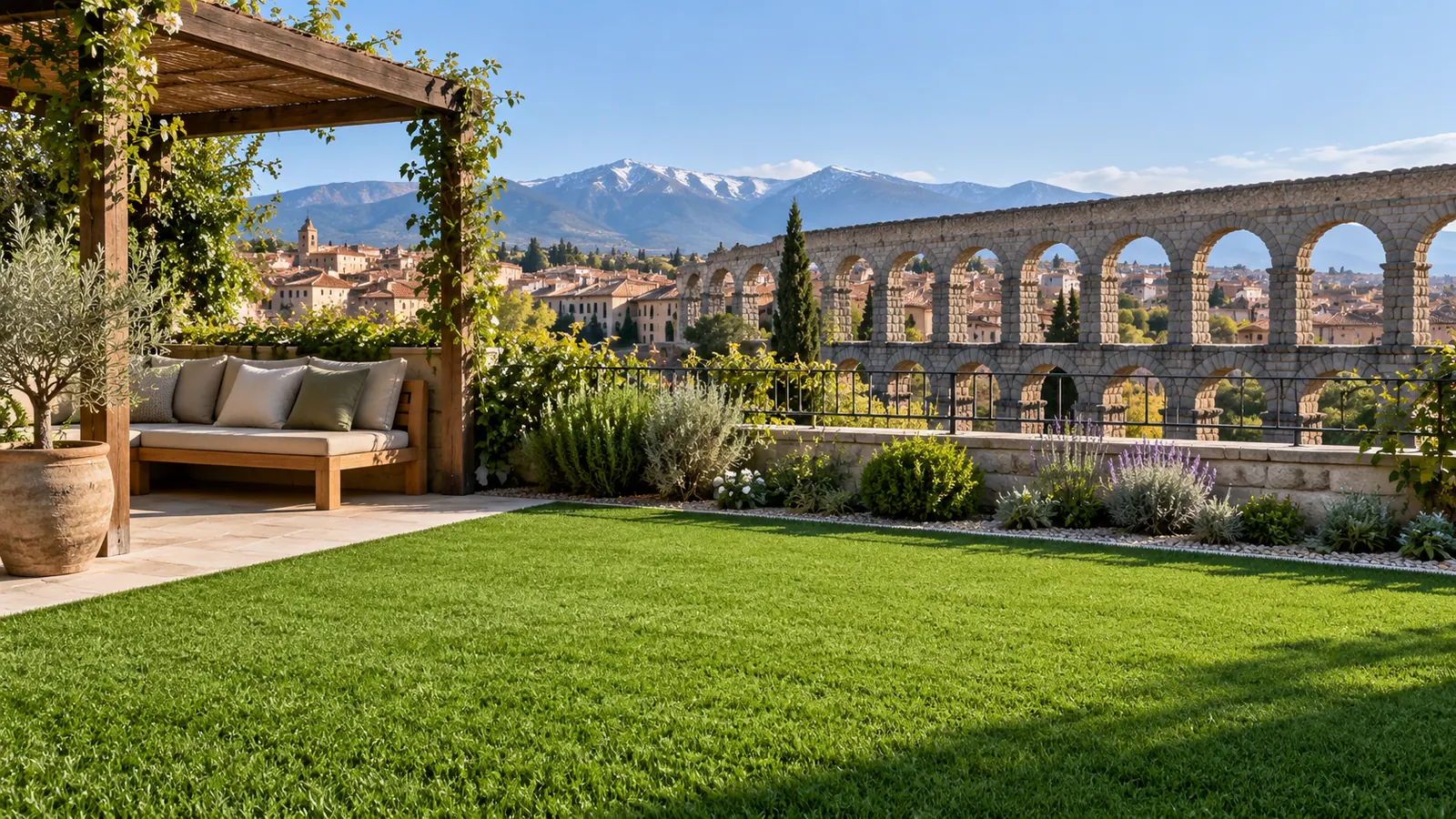 Escena de inspiración: jardín de césped artificial con el acueducto de Segovia al fondo.